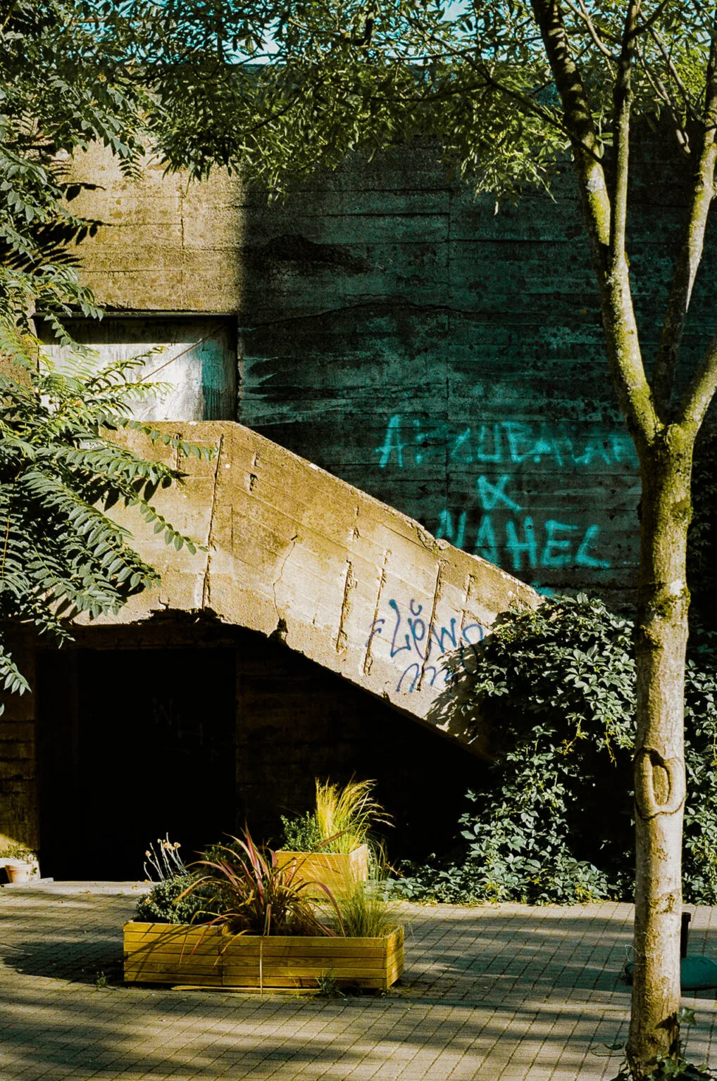Le blockhaus DY10 sur l’île de Nantes avec ses escaliers en béton et des tags.