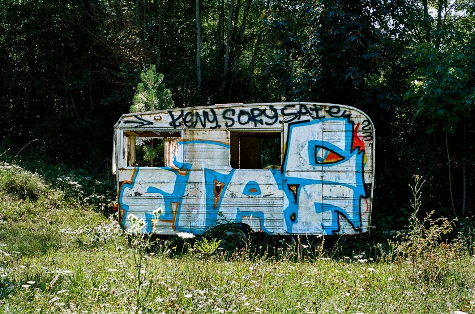 Vieille caravane abandonnée recouverte de graffitis, en lisière de forêt dans les Hautes-Alpes.