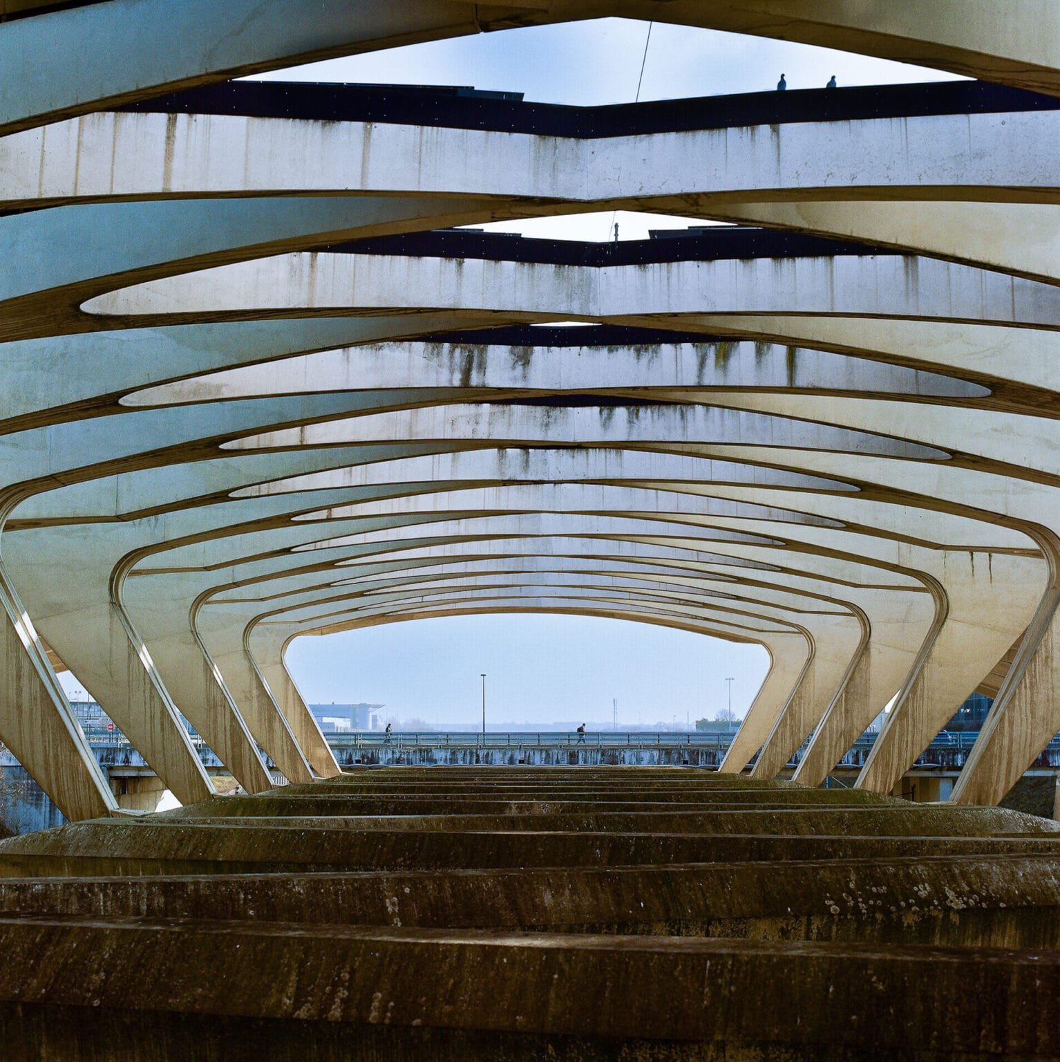 Structure architecturale en béton de la gare TGV Saint-Exupéry à Lyon, photographiée avec un Hasselblad 500 C/M et un objectif Zeiss 80mm sur pellicule Portra 400.