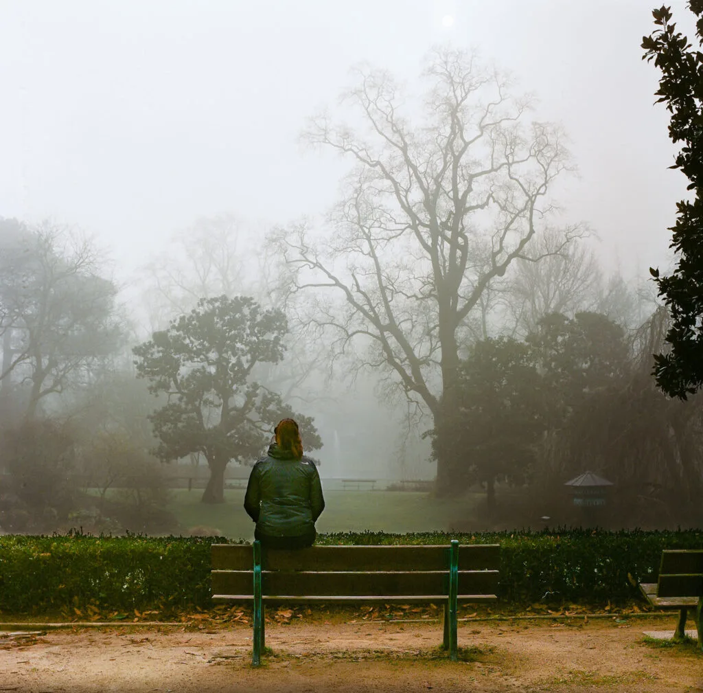 Personne assise sur un banc au Jardin des Plantes à Nantes, par temps de brouillard, photographiée en couleur avec un Hasselblad 500 C/M sur pellicule Portra 400.