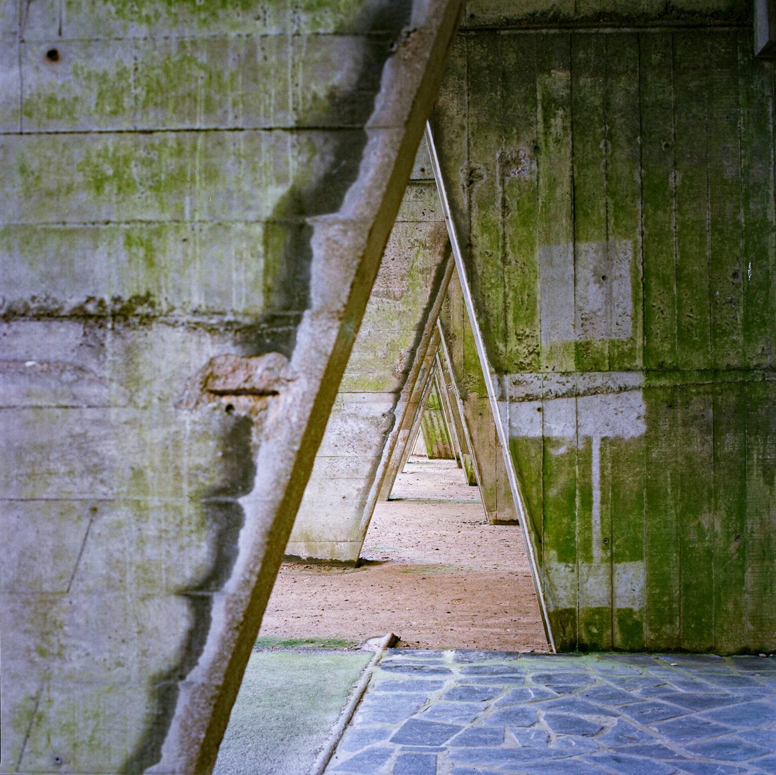 Enfilade de pilotis en béton brut recouverts de mousse sous la Maison Radieuse à Rezé, prise avec un Hasselblad 500 C/M sur pellicule Portra 400.