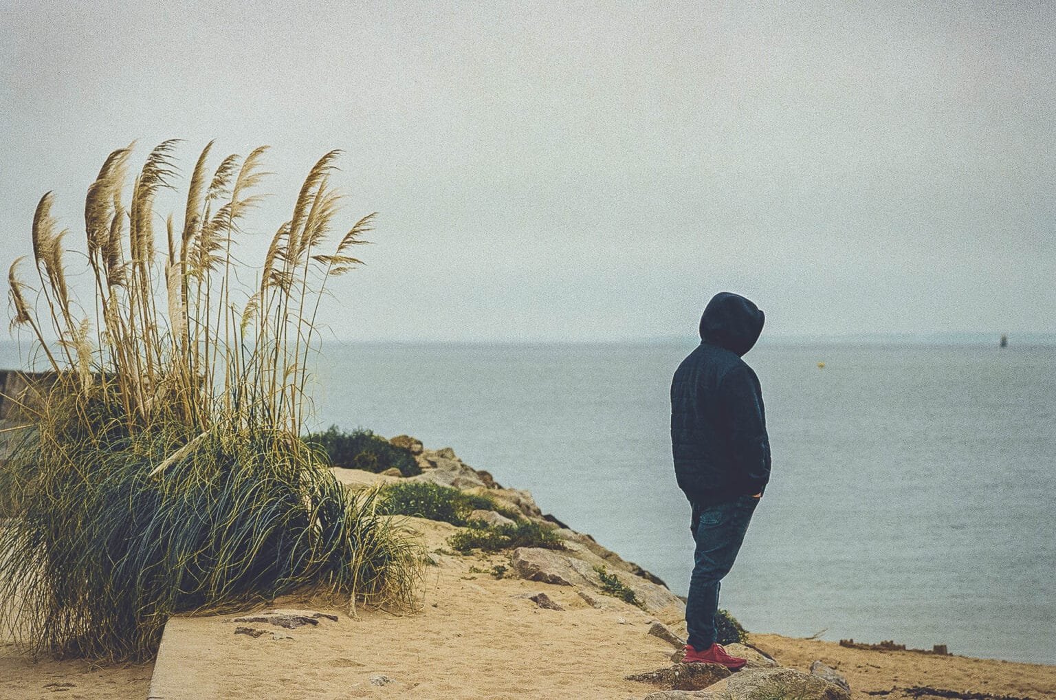 Promeneur solitaire regardant l’océan, depuis une dune à Pornic.