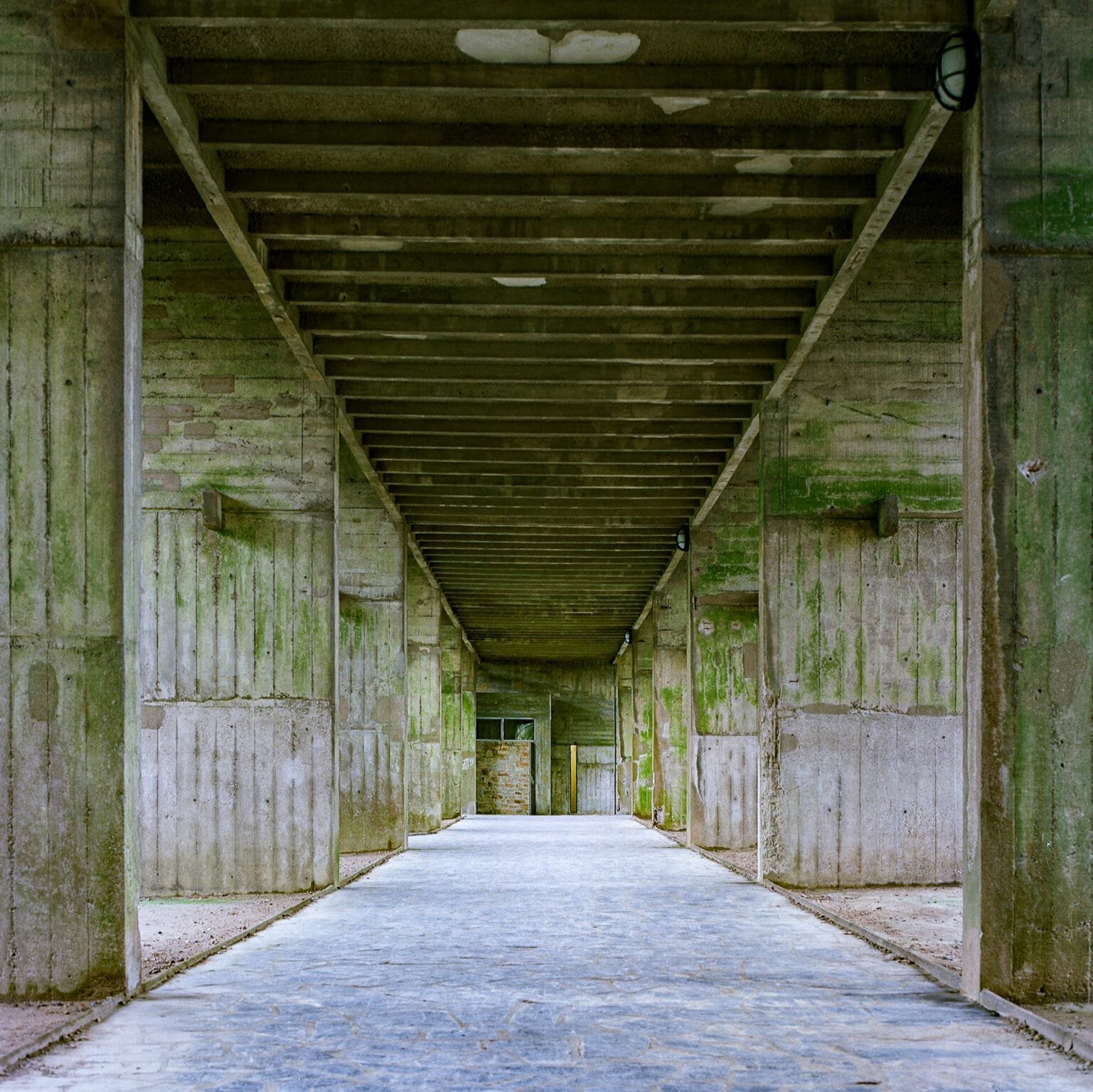 Allée sous les pilotis en béton brut de la Maison Radieuse à Rezé, photographiée avec un Hasselblad 500 C/M sur pellicule Portra 400.