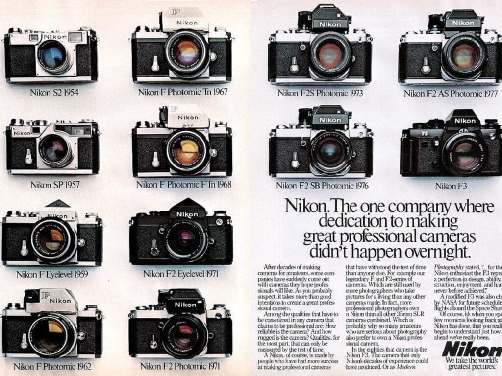 Publicité Nikon présentant l’évolution des boîtiers professionnels de 1954 à 1980, jusqu’au Nikon F3.