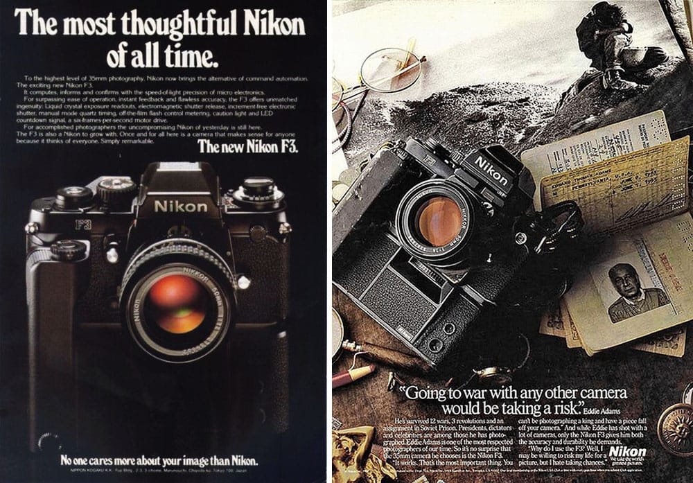 Deux publicités vintage du Nikon F3 : l’une vante son intelligence technologique, l’autre sa robustesse en situation de guerre.