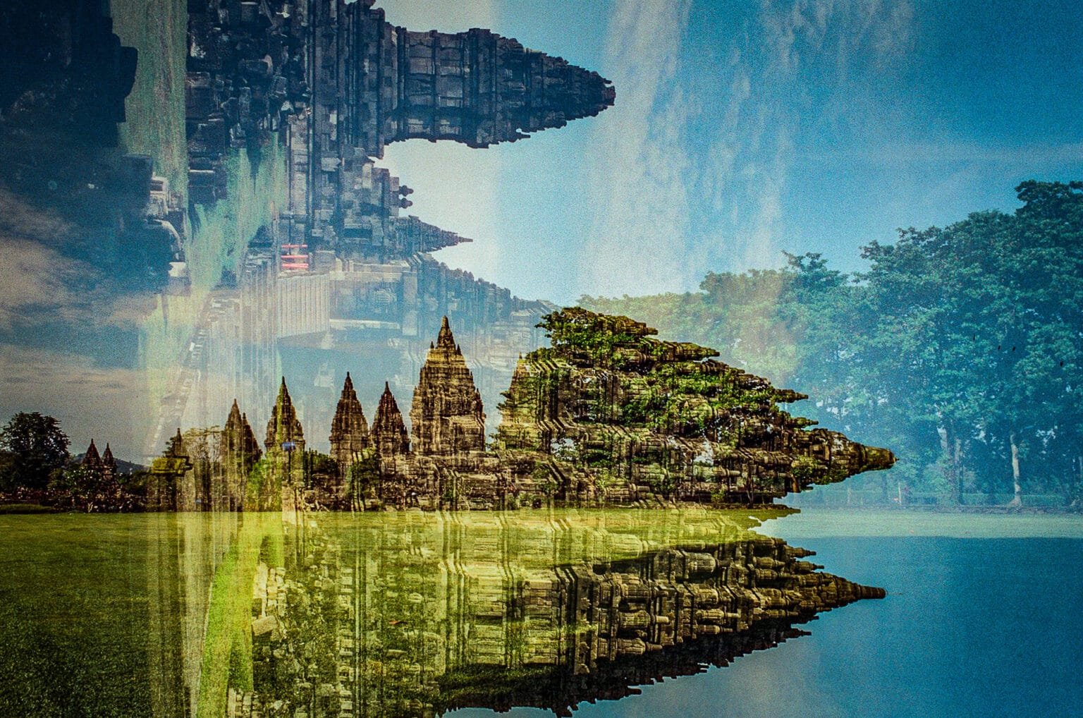 Double exposition artistique du temple hindou de Prambanan à Java, avec superposition de détails architecturaux.
