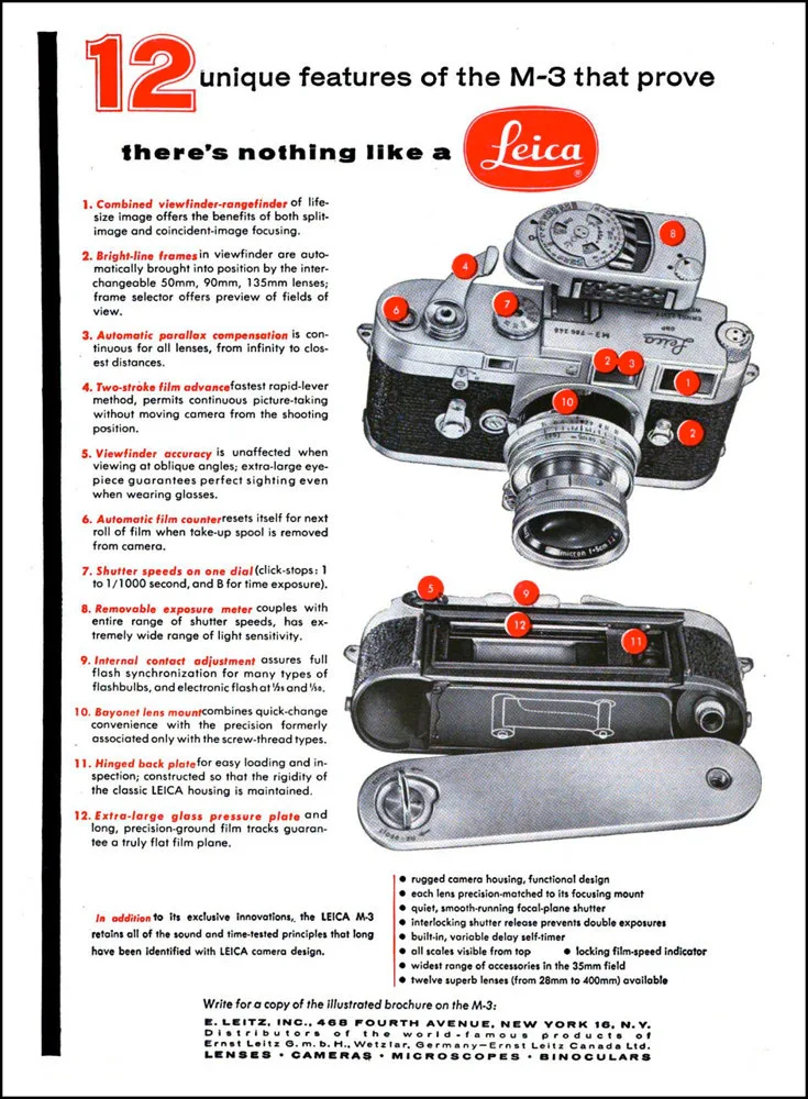 Publicité d’époque listant 12 caractéristiques du Leica M3, avec schéma annoté de l’appareil photo en noir et blanc.