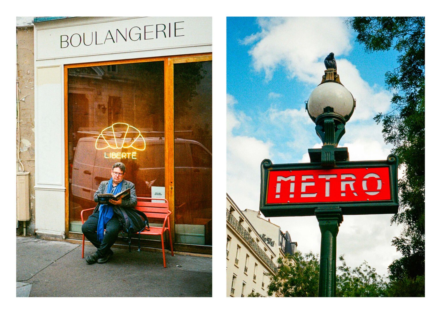 Diptyque parisien : un homme lit devant une boulangerie “Liberté” et une enseigne vintage du métro sur fond de ciel bleu.