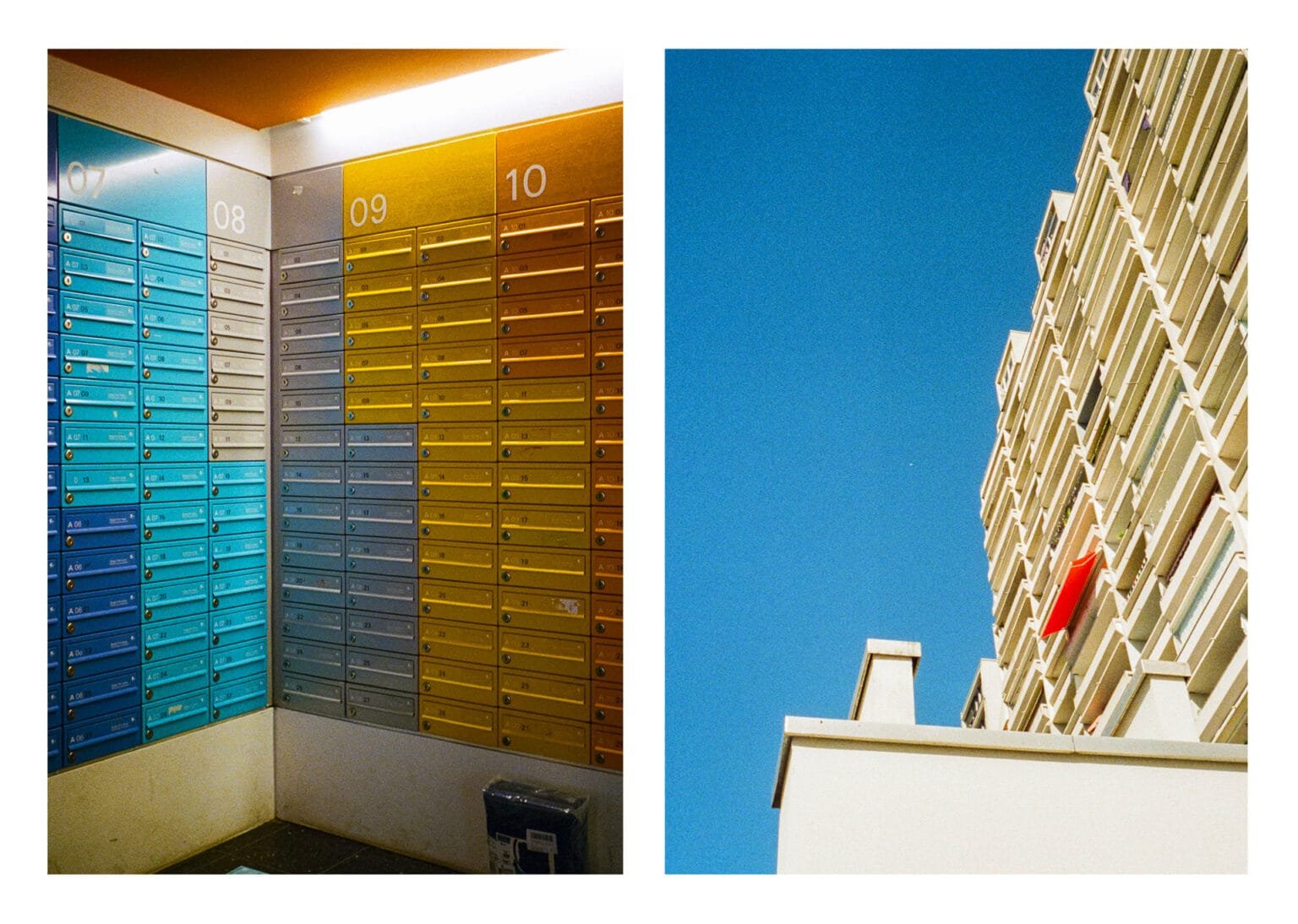 Mur de boîtes aux lettres colorées et façade d’immeuble moderne à Munich, en demi-format.