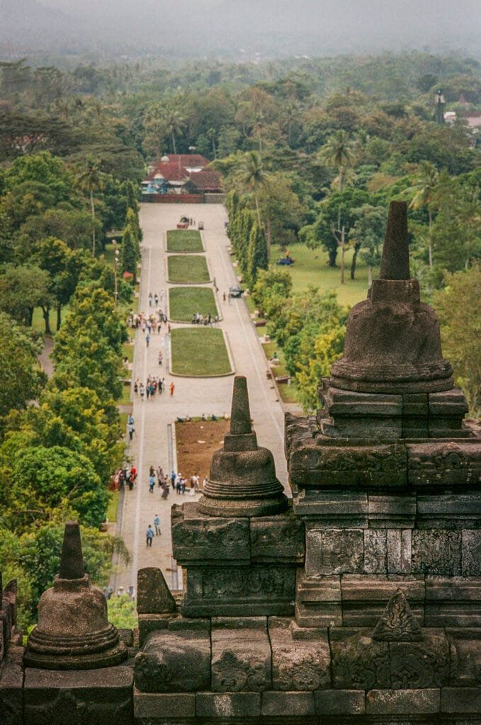 Vue plongeante depuis le sommet du temple de Borobudur sur l’allée principale bordée d’arbres.