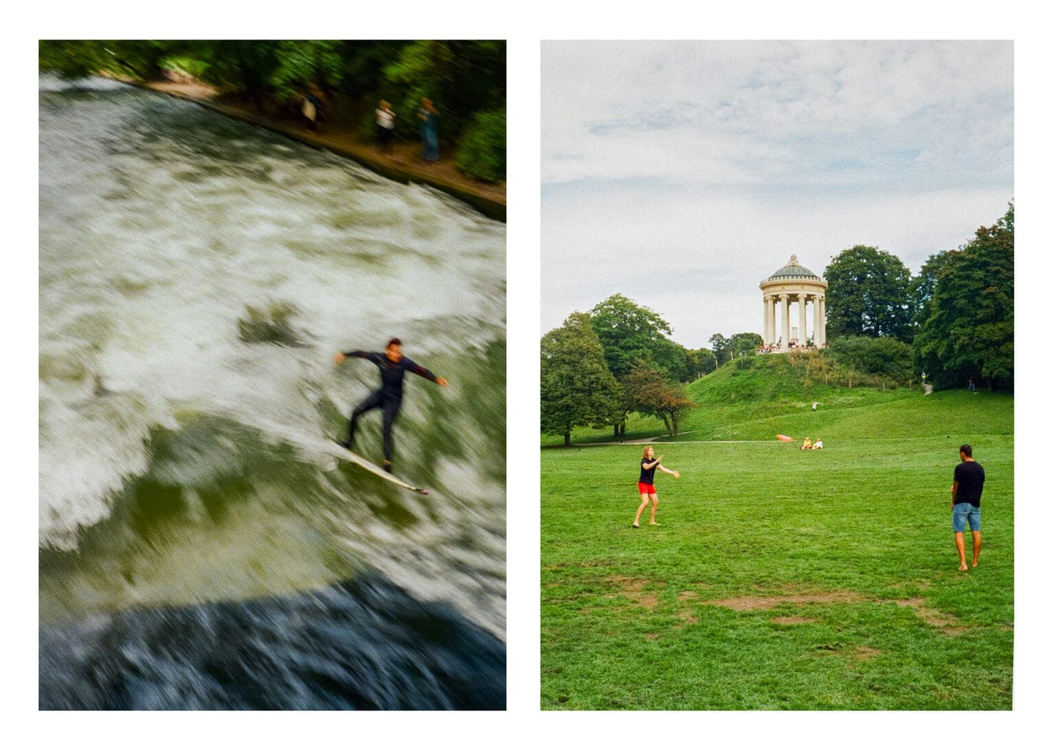 Surfeur sur la rivière Eisbach et scène de frisbee au pied du Monopteros dans le jardin anglais de Munich.