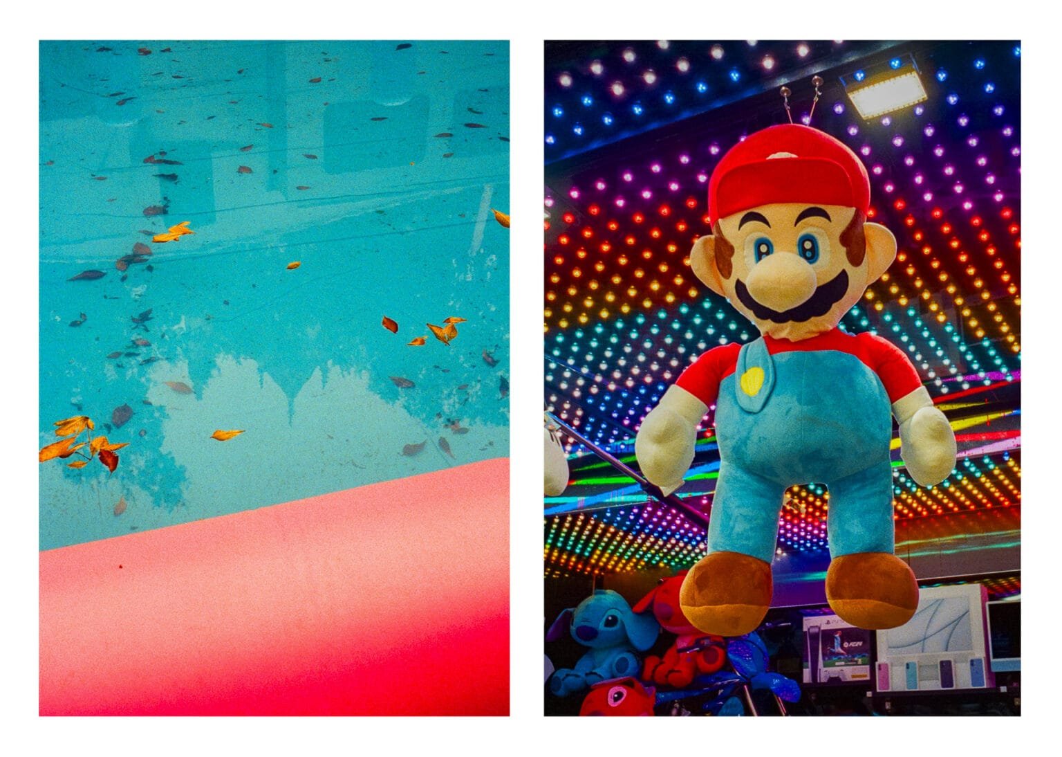 Bord de piscine avec feuilles mortes et reflet du manège ; peluche géante de Mario suspendue sous des lumières multicolores à la fête foraine de Nantes.