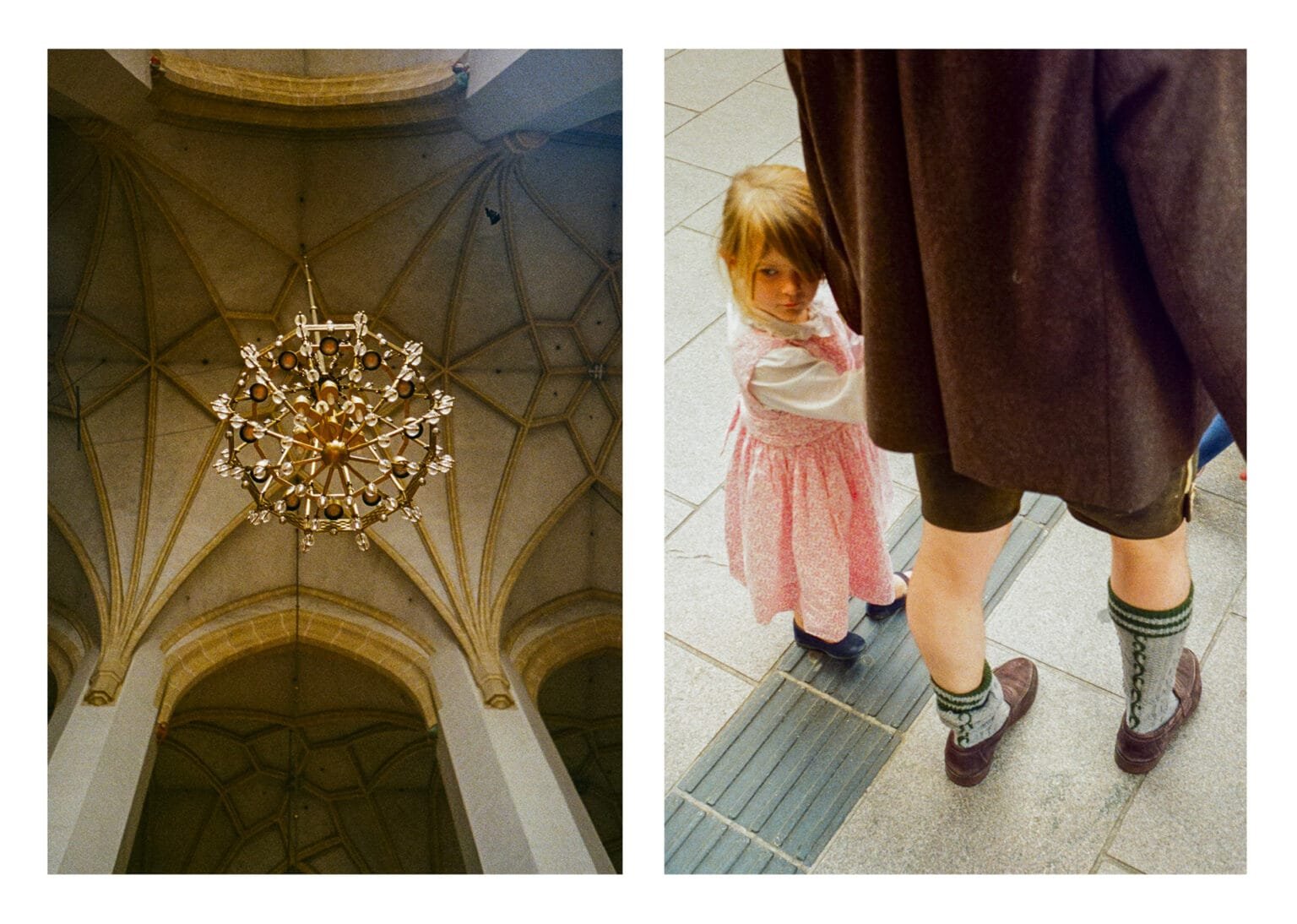 Diptyque argentique à Munich : plafond voûté et lustre de la cathédrale / fillette en dirndl tenant la main d’un adulte en costume traditionnel.