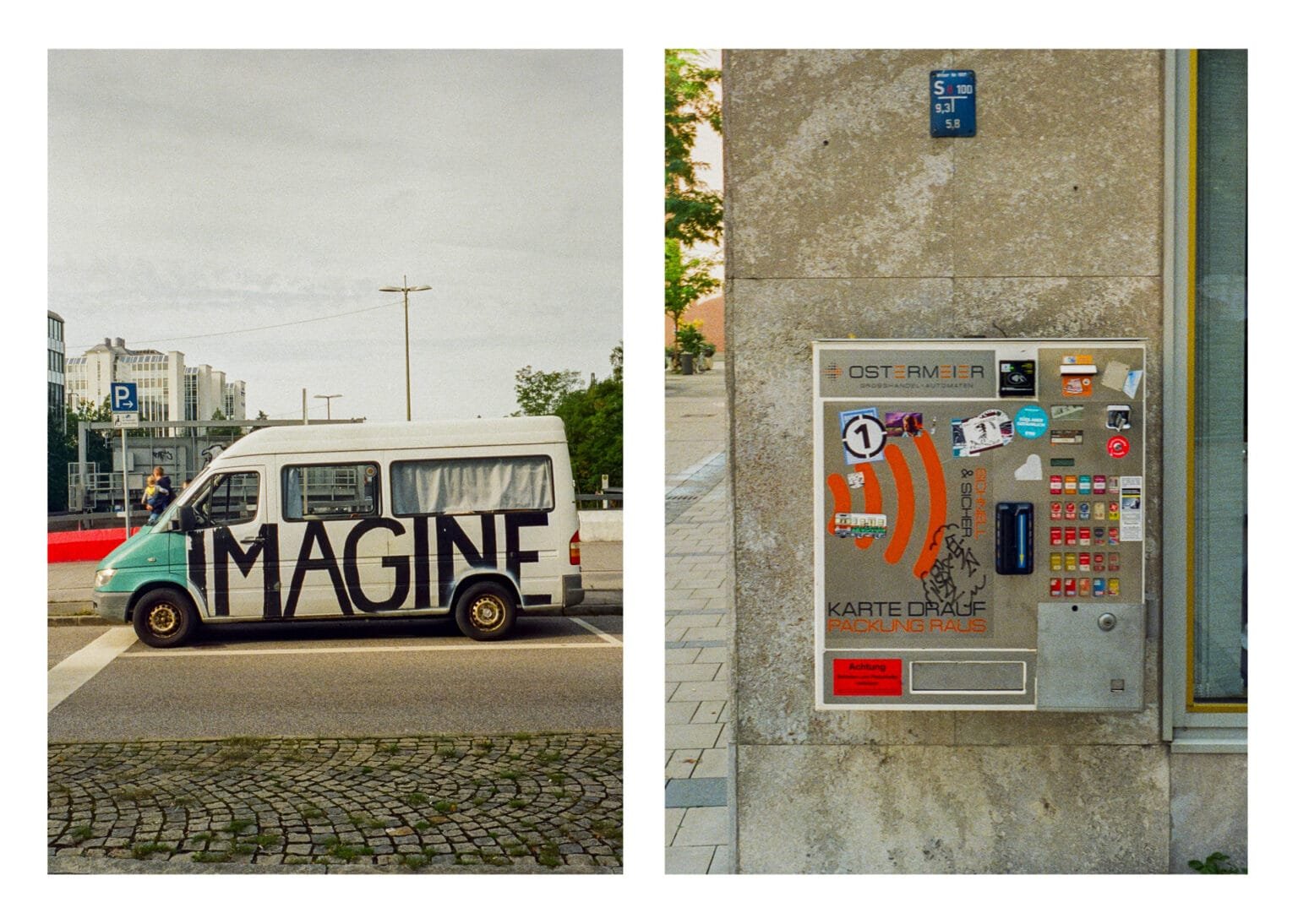 Diptyque à Munich : van turquoise avec inscription “IMAGINE” / distributeur automatique de cigarettes couvert d’autocollants.