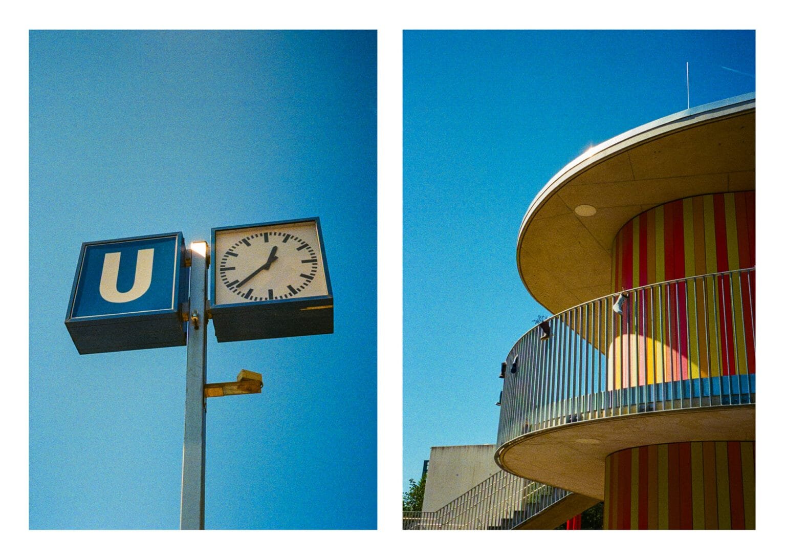 Diptyque à Munich : enseigne du métro U-Bahn avec horloge et bâtiment rond à colonnes colorées sous un ciel bleu.