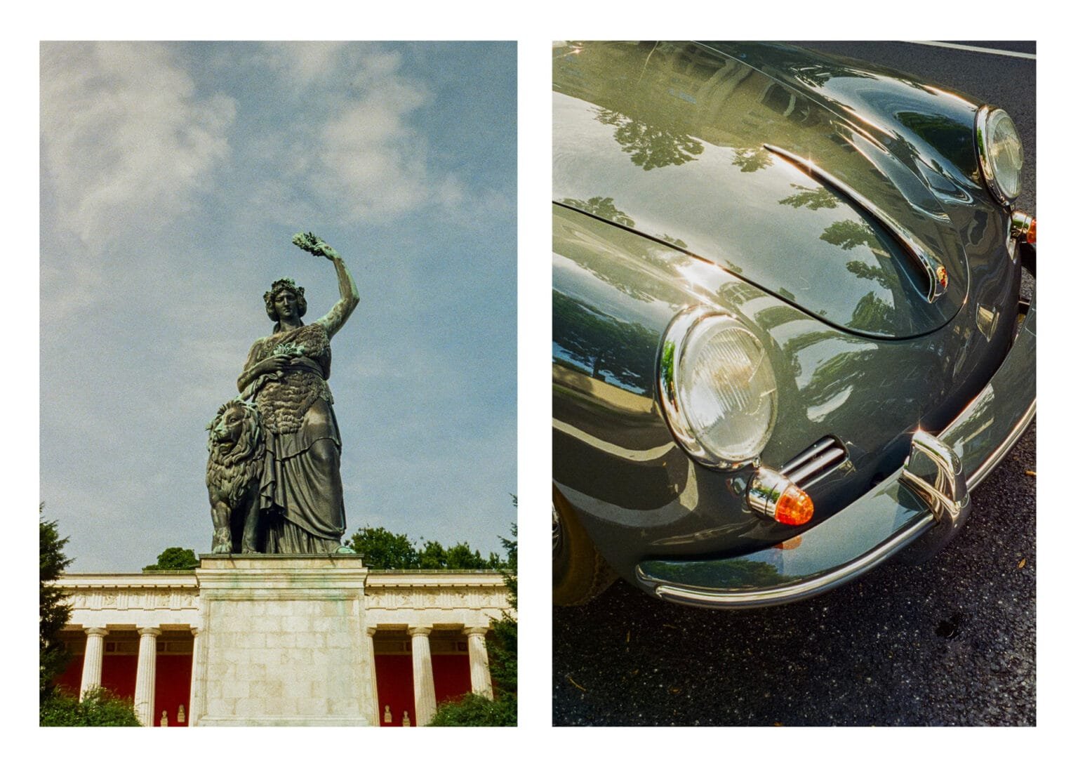 Diptyque à Munich : statue de la Bavaria avec un lion et gros plan d’une Porsche ancienne brillante.
