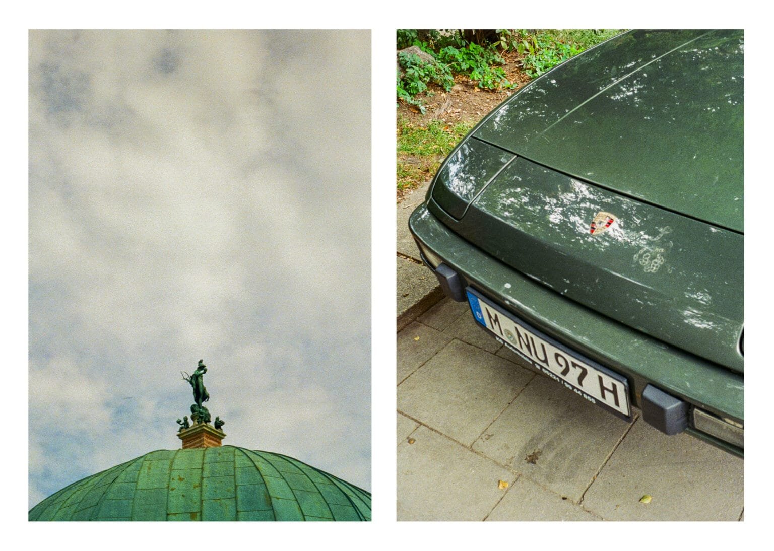 Dôme en cuivre patiné avec statue à Munich ; capot d’une Porsche ancienne avec traces d’usure et plaque d’immatriculation allemande.