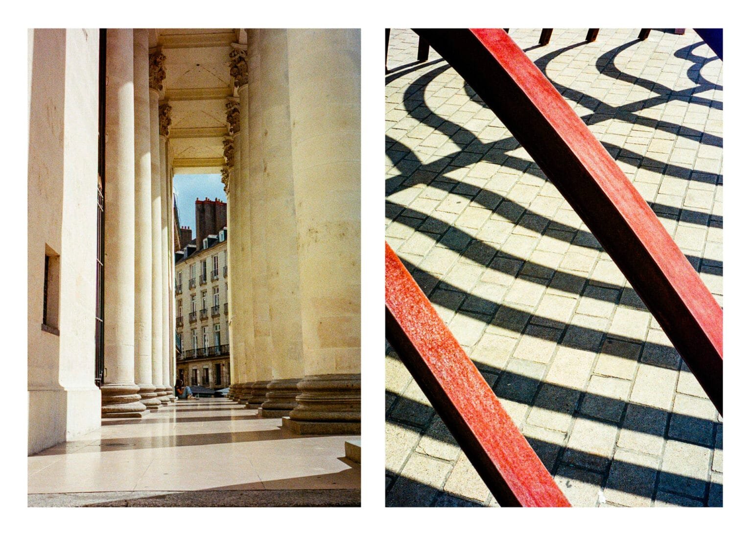 Diptyque à Nantes : colonnes de l’Opéra Graslin / ombres projetées de l’œuvre Mothership de Prune Nourry.