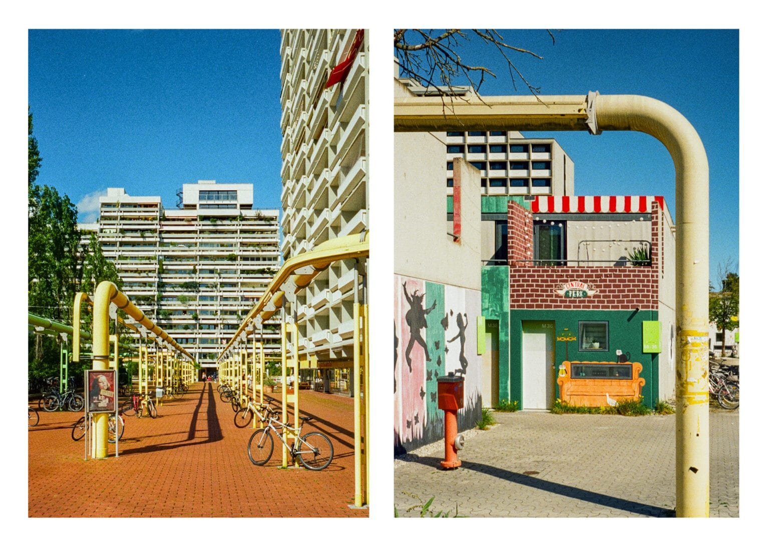 Structures jaunes et bâtiments colorés dans le parc Olympique de Munich, photographiés en demi-format.