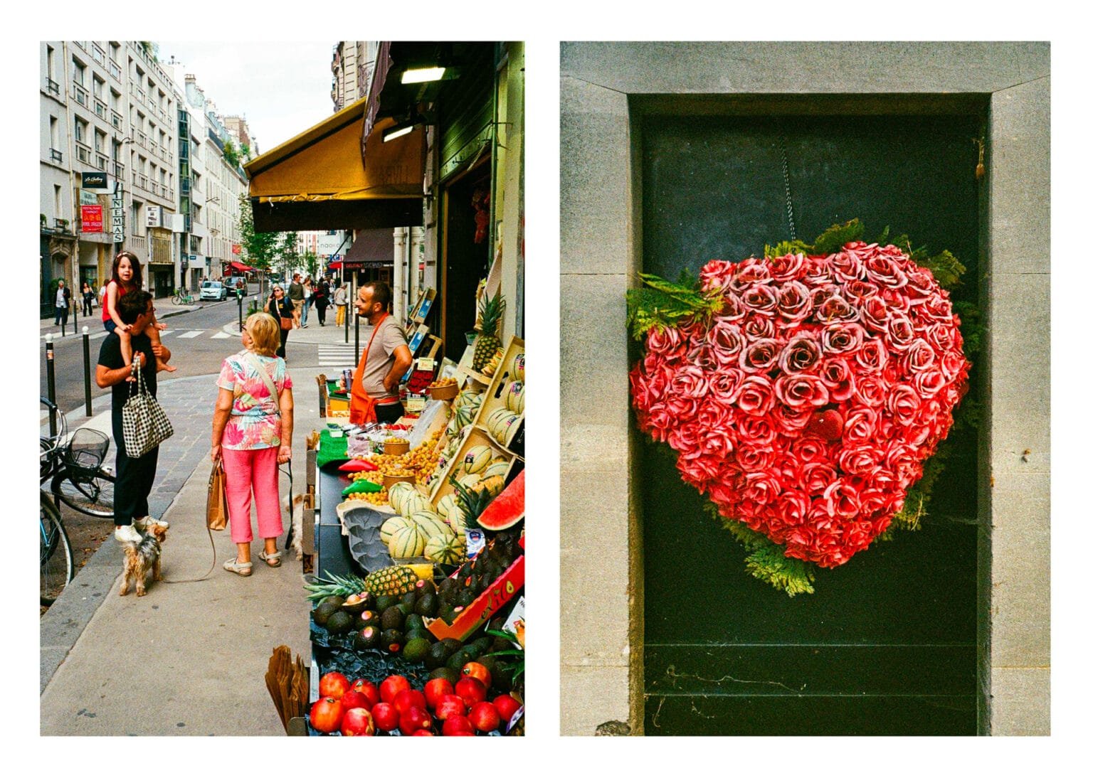 Diptyque à Paris : scène de rue devant un primeur animé / cœur composé de roses rouges au cimetière du Montparnasse.