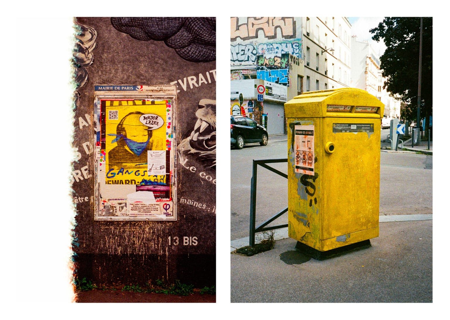 Diptyque urbain à Paris : panneau d’affichage sur un mur tagué / boîte aux lettres jaune sur fond de graffitis.