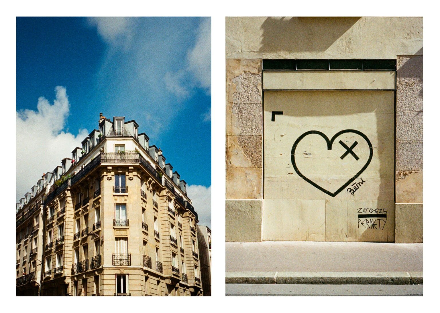 Diptyque urbain à Paris : immeuble haussmannien sous ciel bleu / graffiti en forme de cœur barré sur un mur clair.