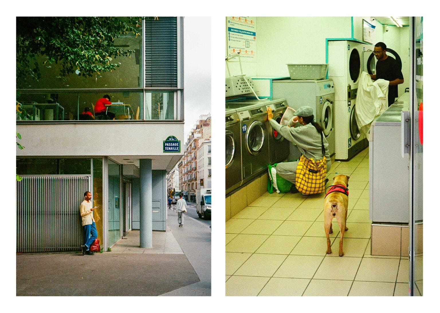 Diptyque urbain à Paris : scène de rue au passage Tenaille / intérieur de laverie avec une femme, un chien et un homme pliant du linge.