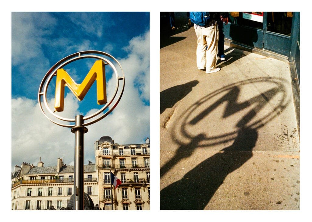 Diptyque à Paris : enseigne du métro parisien en pleine lumière et son ombre projetée sur le trottoir.