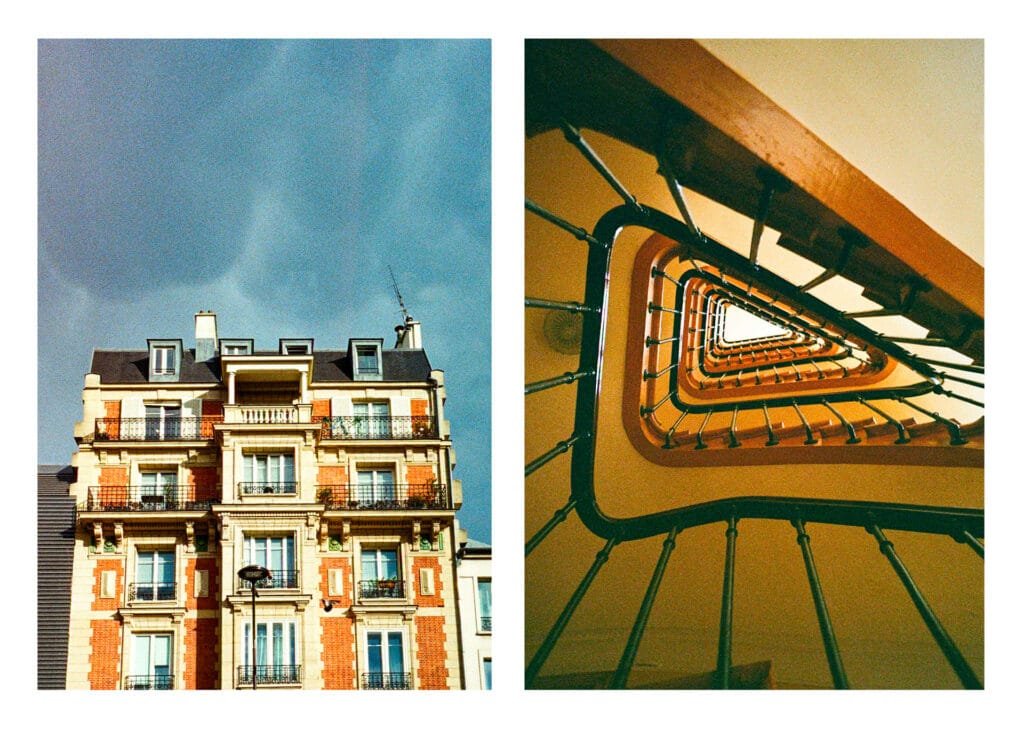 À gauche, façade d’un immeuble haussmannien en briques rouges sous un ciel orageux à Paris. À droite, vue en plongée d’un escalier en colimaçon aux courbes géométriques et tons chauds.