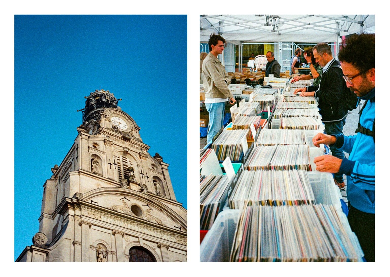 Diptyque à Nantes : façade de l’église Saint-Nicolas / chineurs feuilletant des vinyles sur une brocante en plein air.