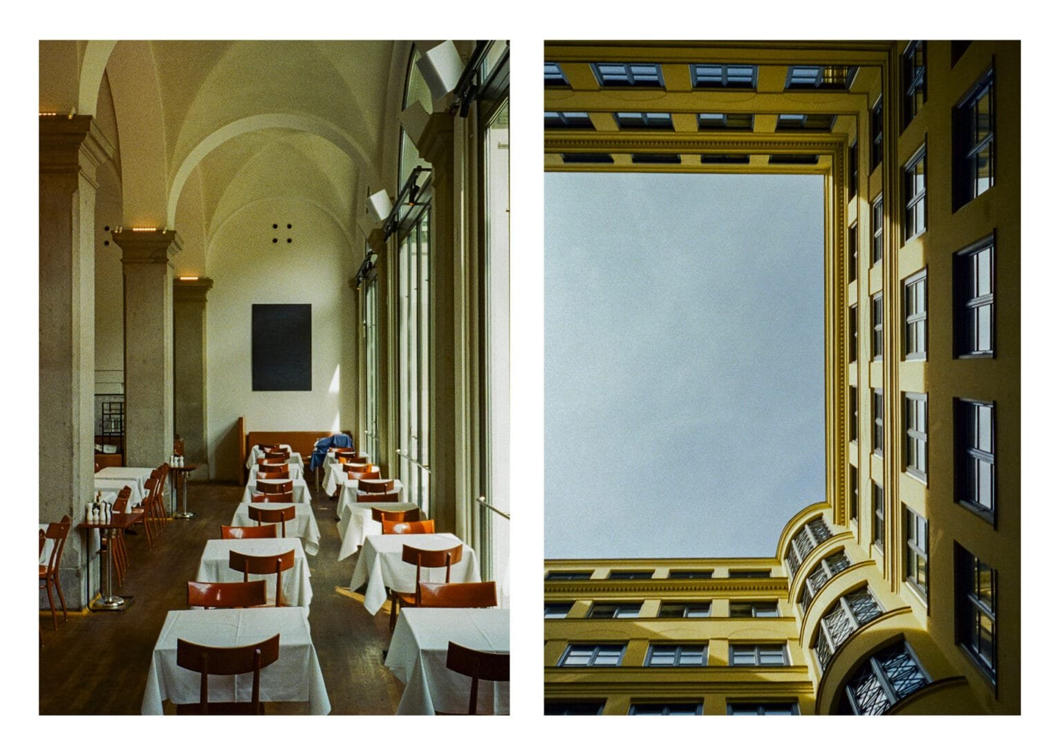 Salle de restaurant aux voûtes élégantes et cour intérieure jaune vue en contre-plongée à Munich.