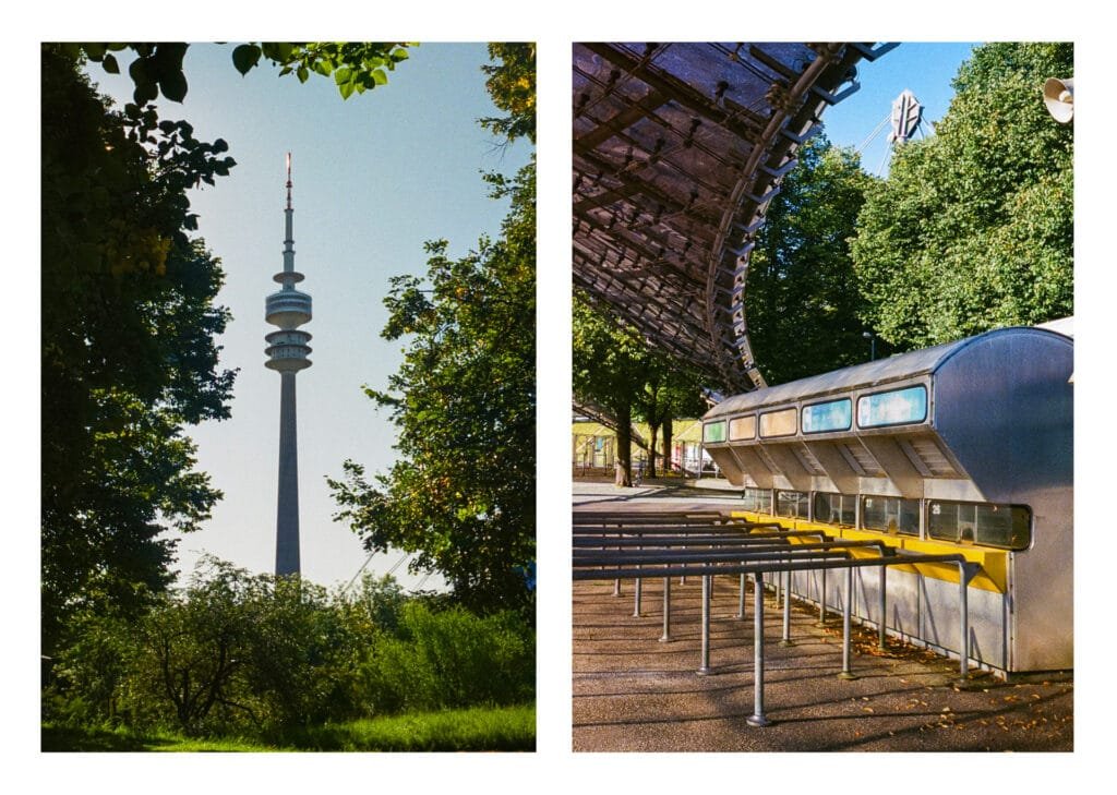 Vue de la tour du parc olympique et des guichets du stade à Munich, photographiés en demi-format avec un Olympus Pen EE-3