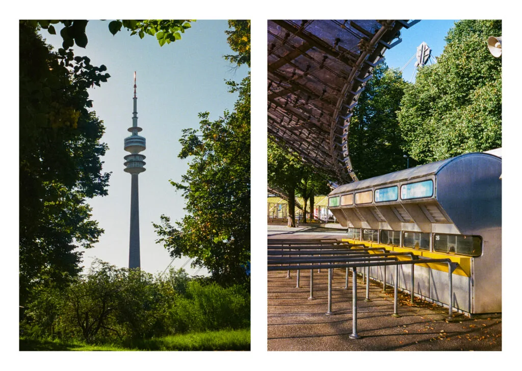 Vue de la tour du parc olympique et des guichets du stade à Munich, photographiés en demi-format avec un Olympus Pen EE-3