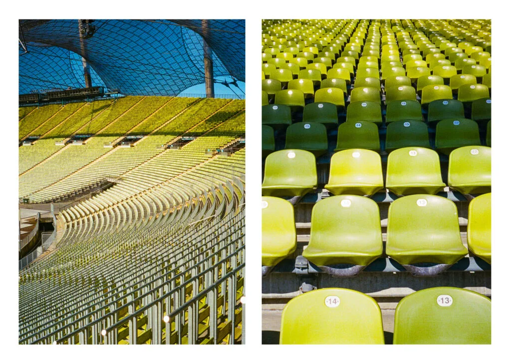 Gradins verts et structure courbe du stade olympique de Munich, photographiés en demi-format.