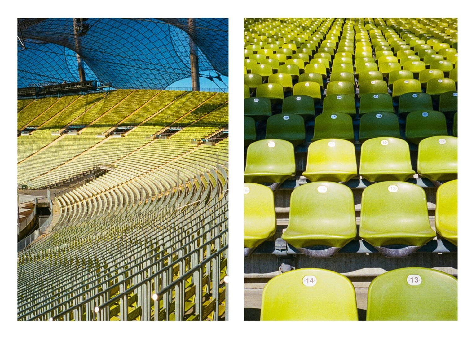 Gradins verts et structure courbe du stade olympique de Munich, photographiés en demi-format.