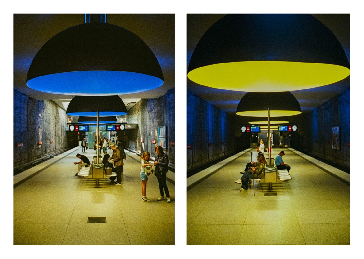 Station Westfriedhof à Munich, grands dômes lumineux suspendus et quais désertés dans les tons bleu et jaune.