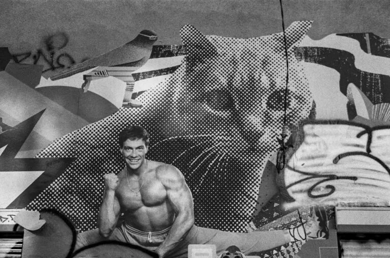 Fresque de collage en noir et blanc dans le passage Drouard à Nantes : un bodybuilder en grand écart devant un chat géant stylisé, avec une colombe et des graffitis.