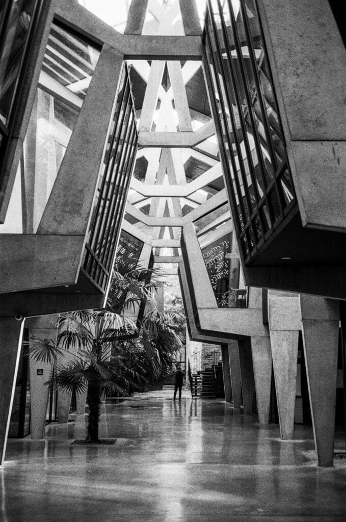 Architecture géométrique de la halle de la Madeleine à Nantes, photographiée en noir et blanc avec un Rollei 35 S.