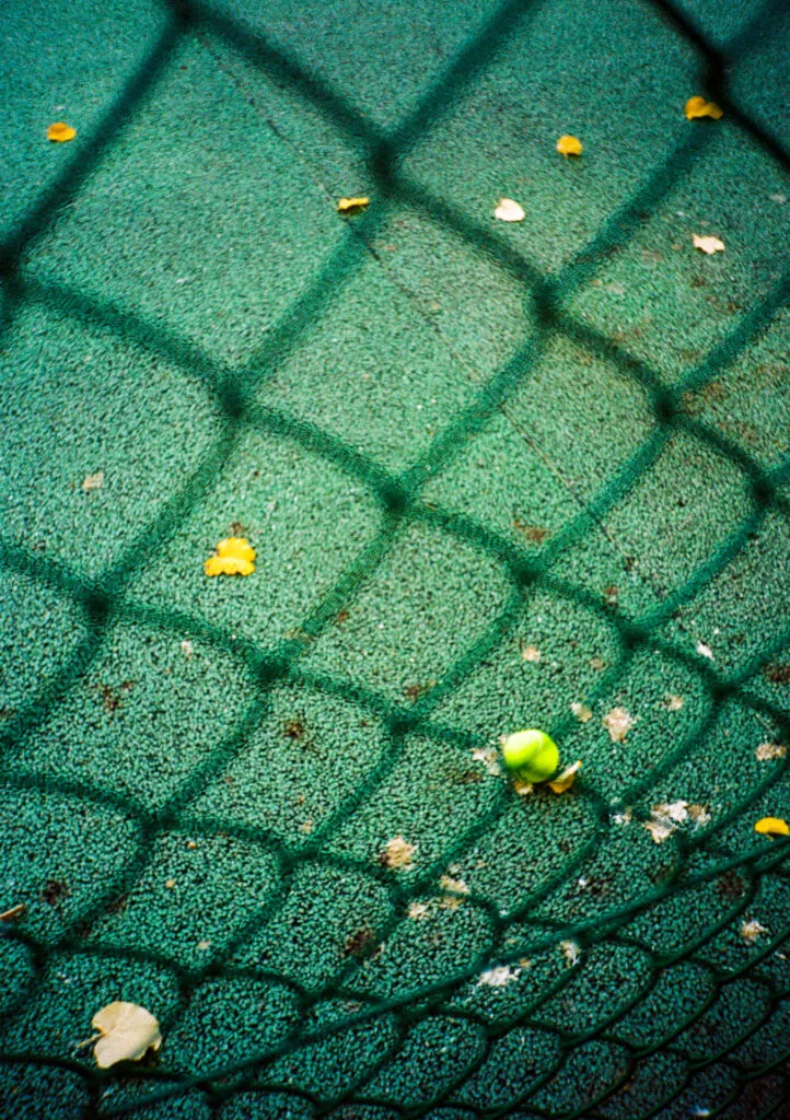 Balle de tennis sur un terrain synthétique vert, vue à travers un grillage, au parc du Luxembourg à Paris. Pellicule Portra 160, Canon Dial 35-2.