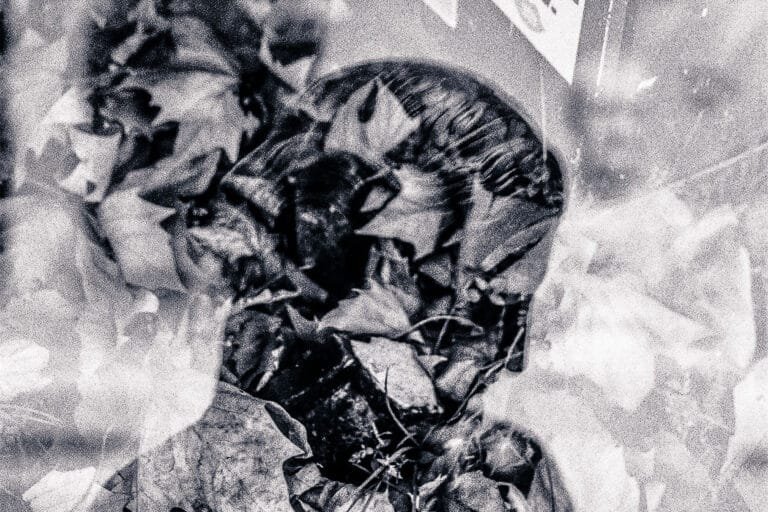 Buste recouvert de feuilles dans une double exposition en noir et blanc.