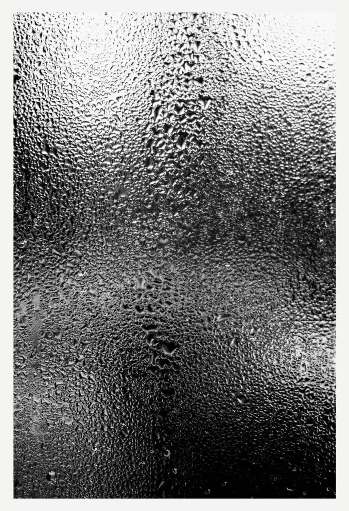 Condensation dense sur la vitre d’une serre au Jardin des Plantes, en noir et blanc.
