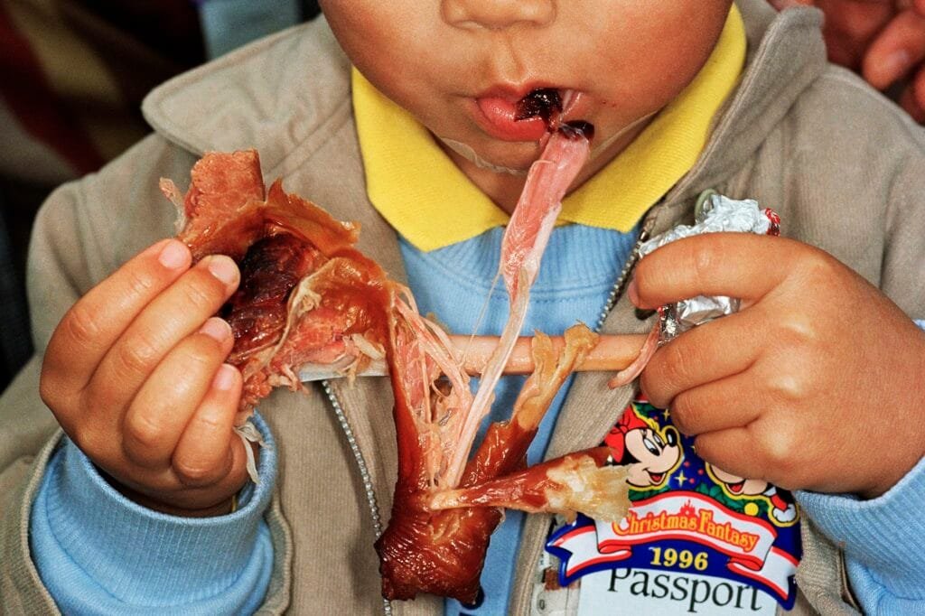 Gros plan sur un enfant mangeant une cuisse de dinde à Tokyo Disneyland en 1996, photographié par Martin Parr.