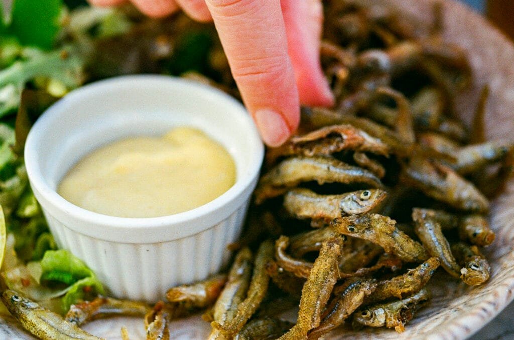 Assiette de friture avec sauce et doigt prêt à piocher, prise chez Papy Mougeot à Pornichet.