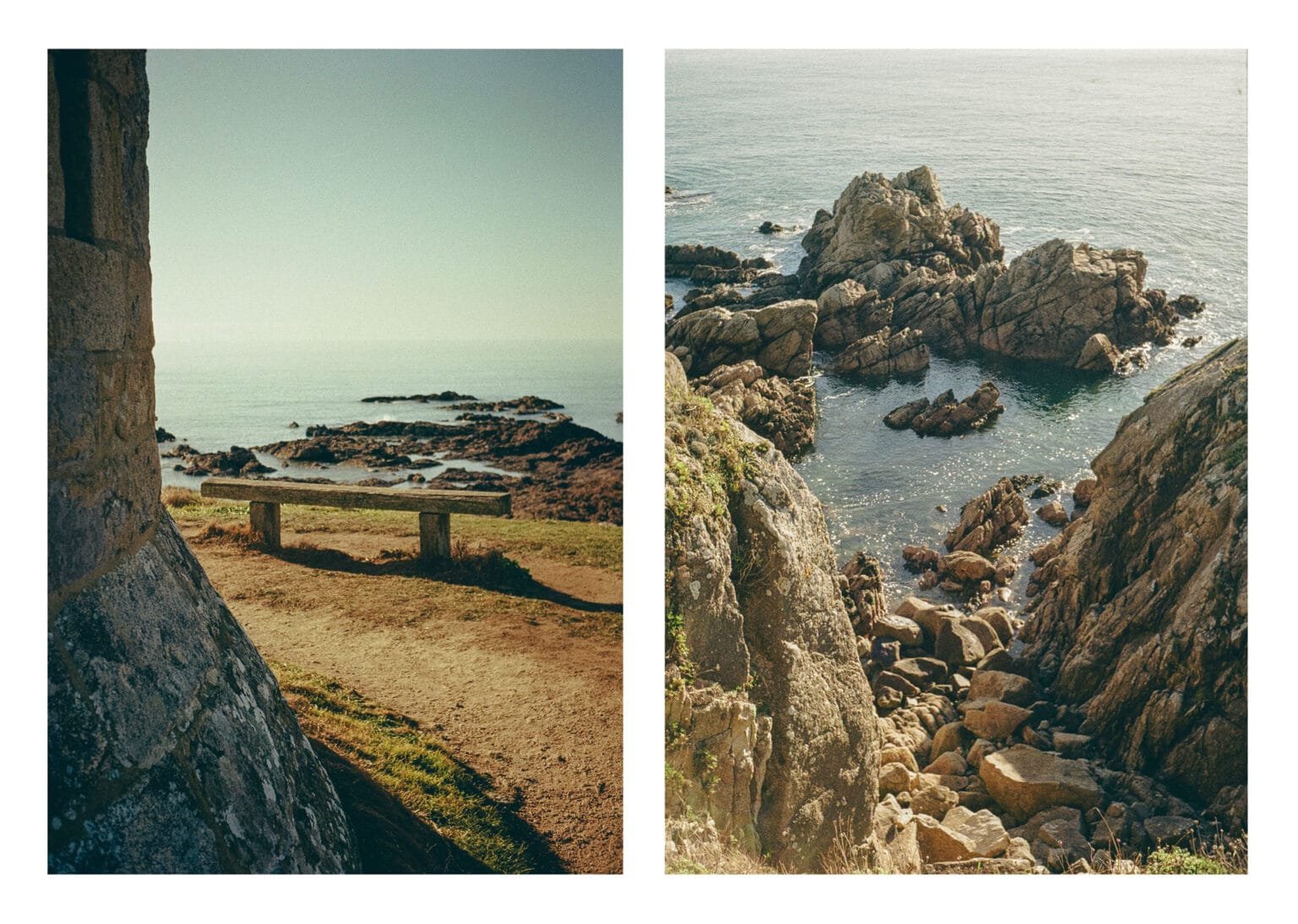 Diptyque de la Côte Sauvage au Croisic, avec un banc face à la mer et des rochers découpés baignés de lumière hivernale.