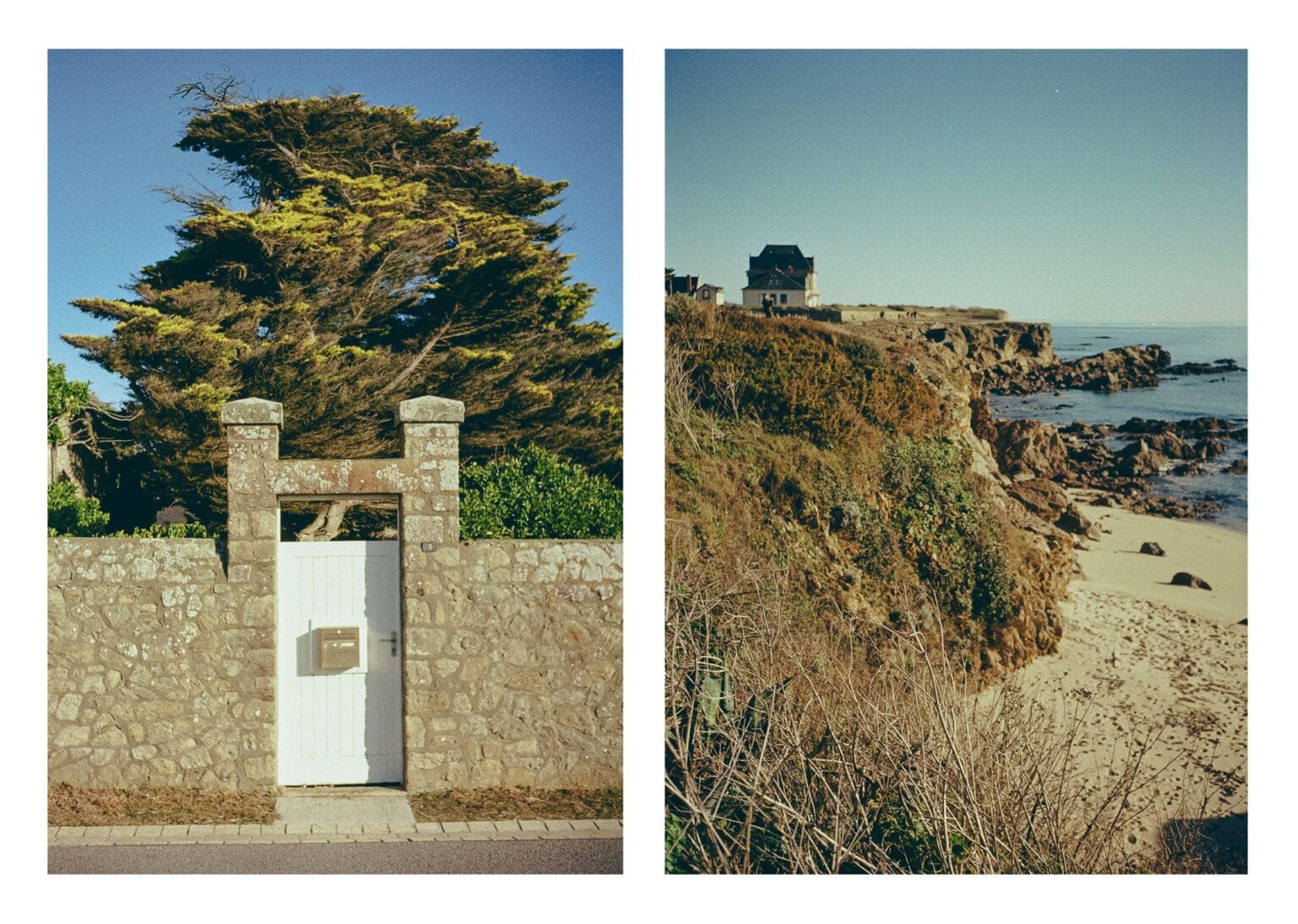 Diptyque au Croisic avec un portail en pierre surmonté d’un cyprès et une vue sur les falaises et les villas côtières.