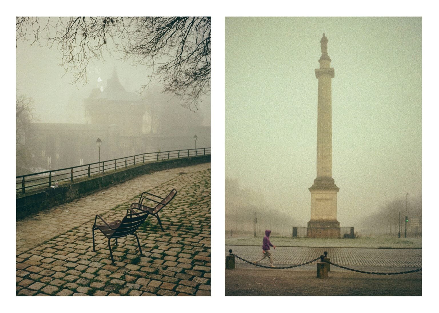 Diptyque dans la brume au Cours Saint-Pierre à Nantes, avec deux bancs vides et une colonne sur fond de brouillard, pris en demi-format.