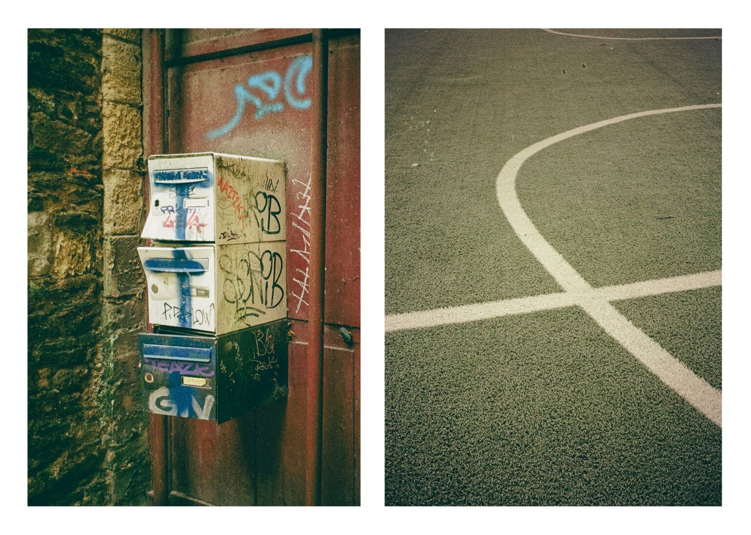 Diptyque montrant des boîtes aux lettres taguées et un marquage au sol sur un terrain de sport à Nantes, en demi-format.