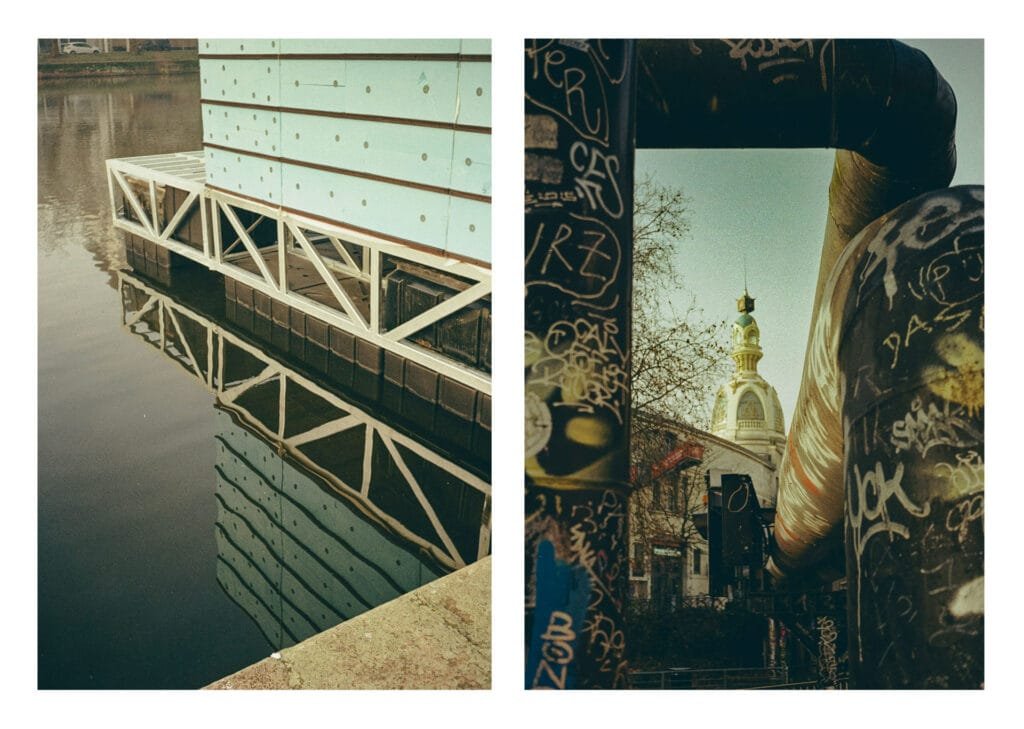 Diptyque photographique pris sur les quais à Nantes, mêlant reflets architecturaux et graffiti face au Lieu Unique, en demi-format.