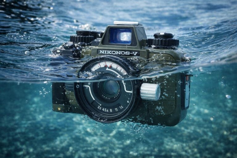 Appareil photo argentique Nikonos V vert olive partiellement immergé, conçu pour la photographie sous-marine et en milieu aquatique.