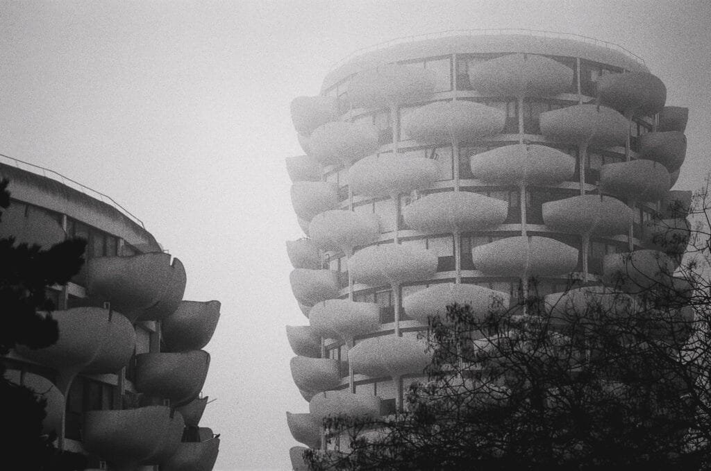 Tours des Choux de Créteil apparaissant dans la brume derrière les arbres